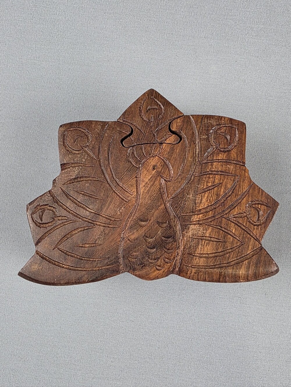 Carved Wood Peacock Puzzle Box Handcarved Indian Rosewood Trinket Jewelery Box